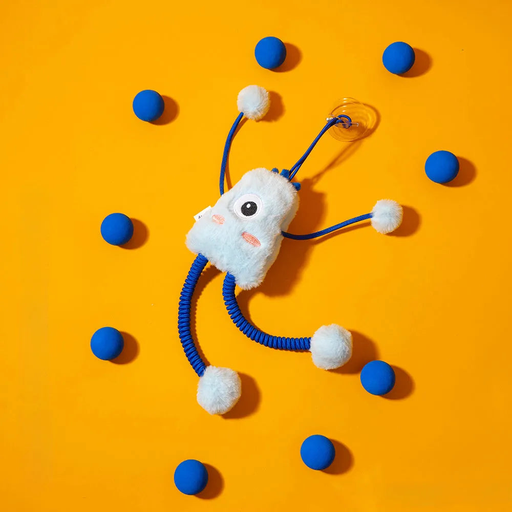 Blue plush cat toy ring with elastic rope and bell on a white background