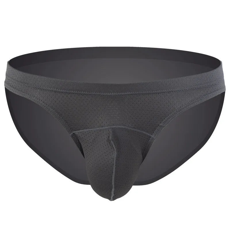 Men's transparent loose fit nylon underwear shown in blue, black, white, grey, and sky blue colours.
