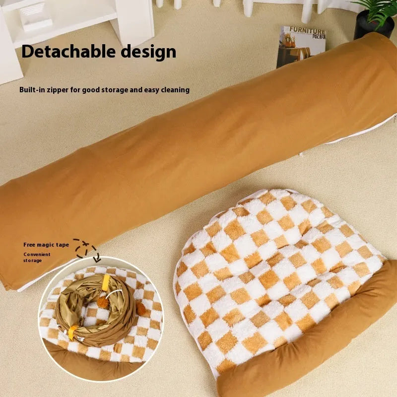 Cloth cat nest pet bed in khaki, grey or British Plaid with boredom toy facility