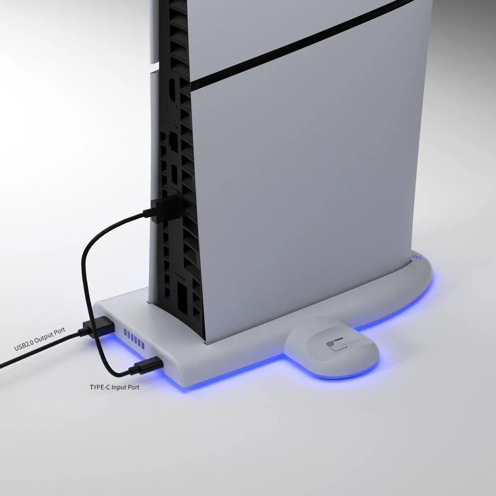 White PS5 Slim multi-function charging station with RGB ambient light and cooling fan.
