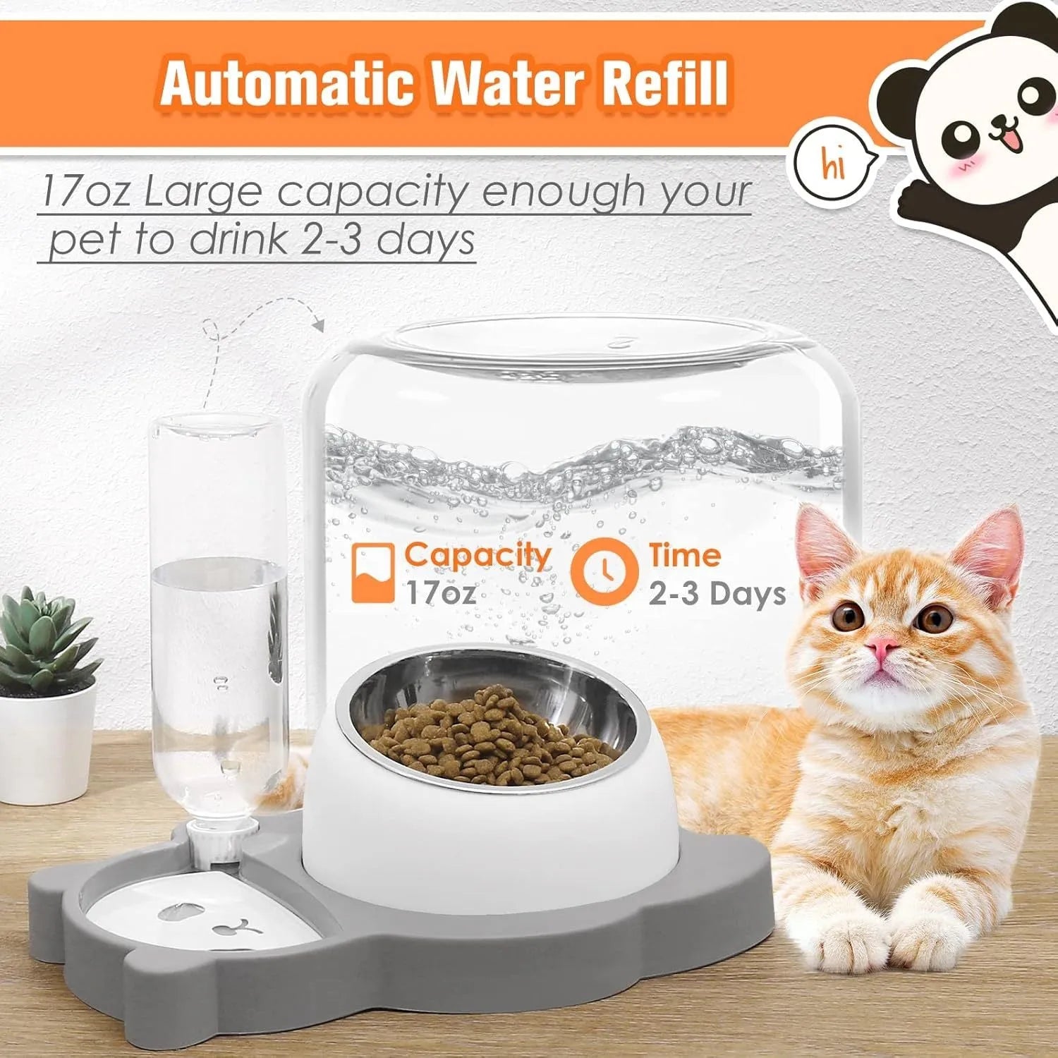 Elevated panda-shaped pet feeding bowl set with tilted stainless steel bowl and automatic water dispenser bottle