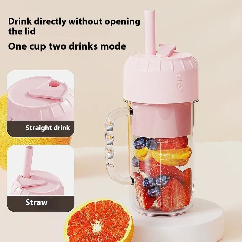 Portable USB-powered juicer in avocado green or cherry blossom powder with selectable blade options