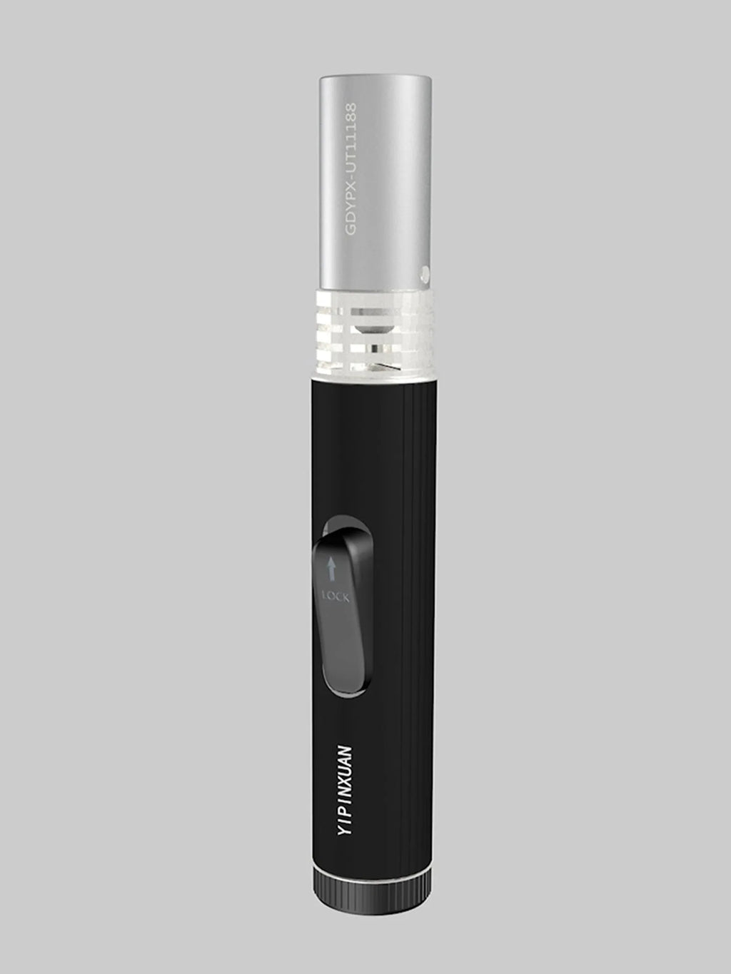 Portable metal flamethrower torch in black with child lock, 200g weight, on outdoor surface with gas bottle