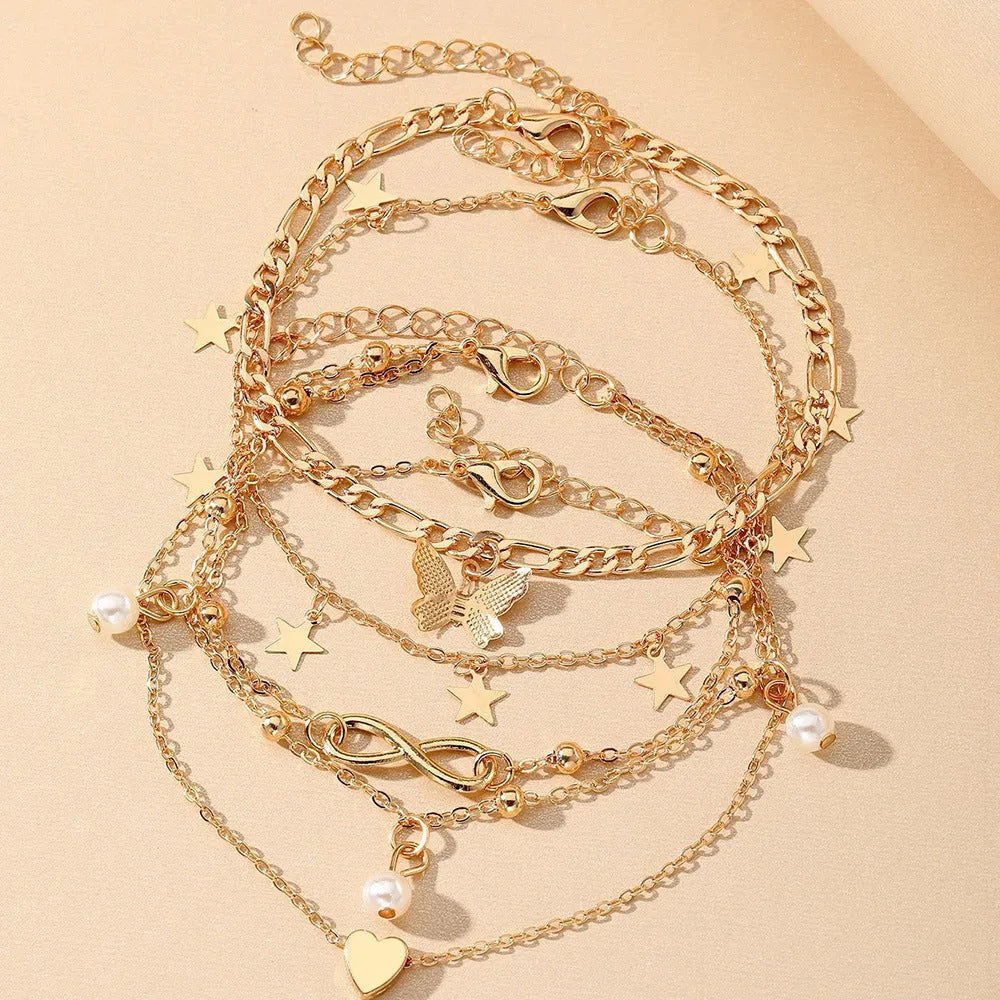 Butterfly love anklet set with four different alloy foot chains featuring heart and pearl charms
