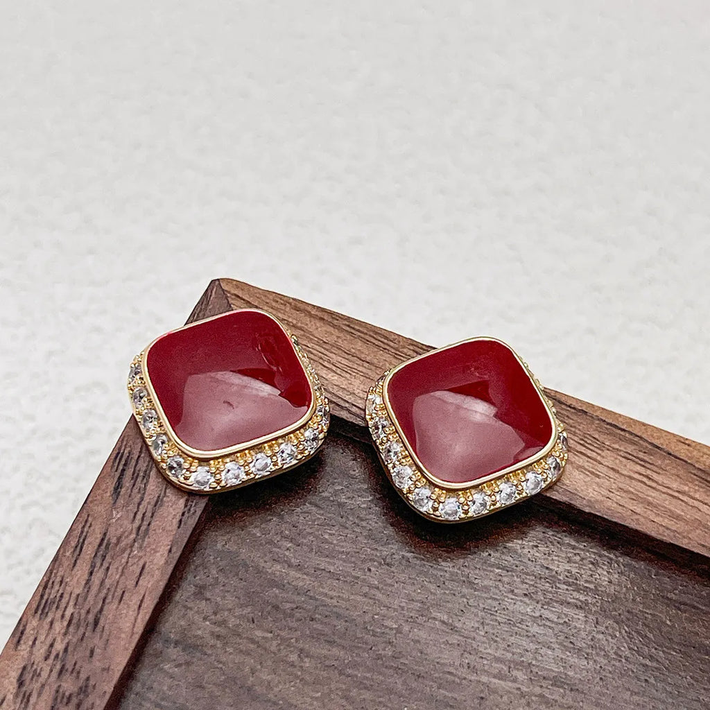 Women's retro red geometric square alloy earrings with inlaid design details