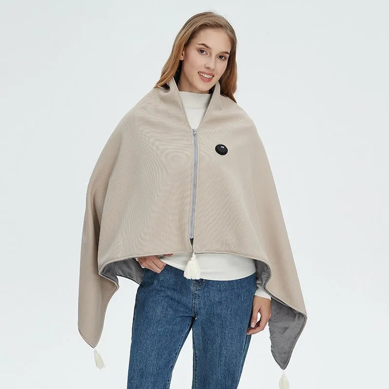 Solid-colour polyester shawl warm blanket with mobile power bank in green, red, and beige colour options