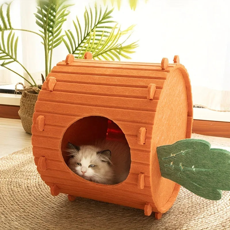 Carrot-shaped grey felt cat nest tunnel with a round entry hole, shown in medium and large sizes.