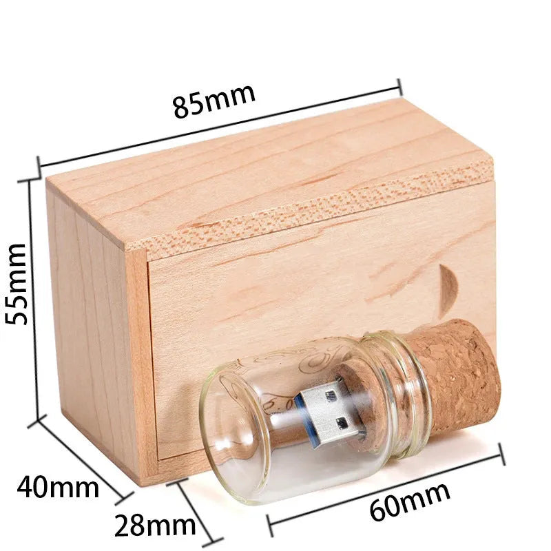 Chocolate brown wooden bottle-shaped USB flash drive with a custom graphic on its surface