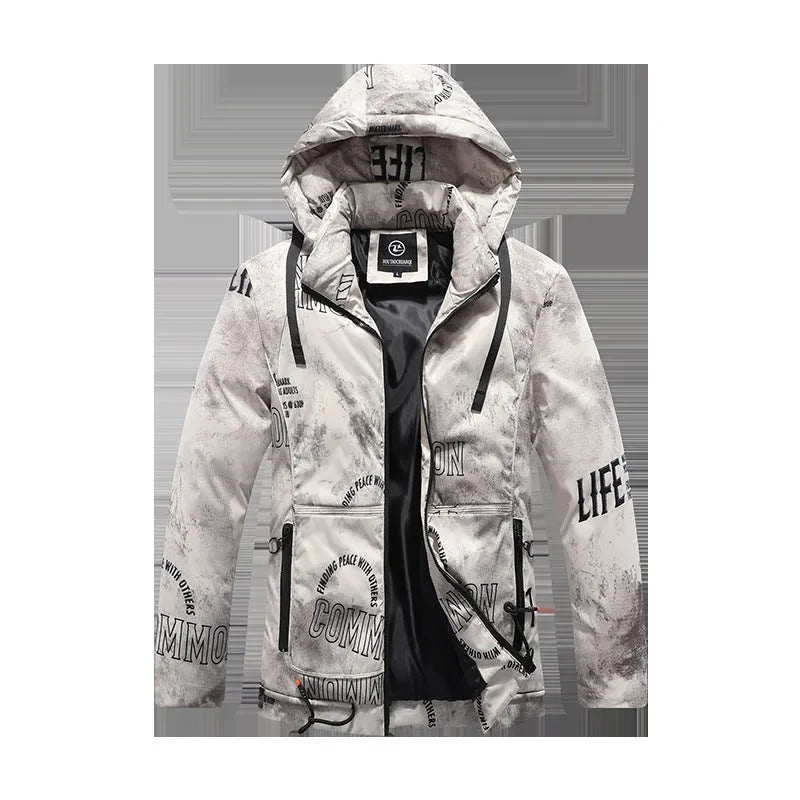 Men winter jacket with velvet pattern in black, blue, and white; thickened cotton casual coat