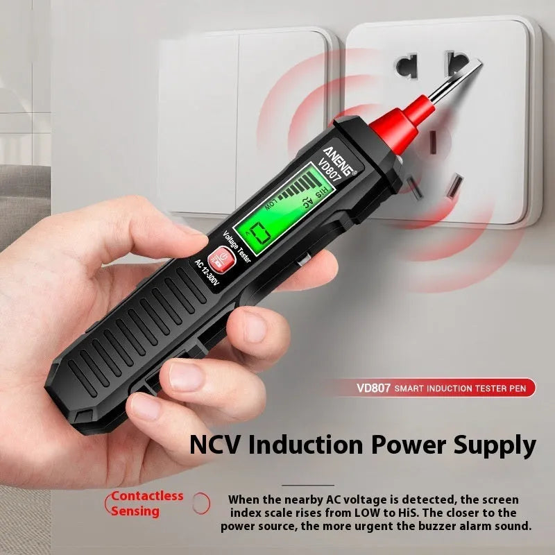 Black and red digital voltage testing pen with LCD display for 12V-300V detection