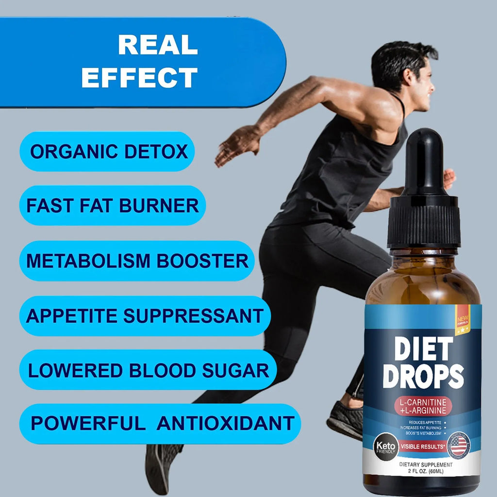 60ml bottle of ketone drops dietary supplement on a plain background.