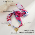 Stainless steel necklace and bracelet set with colourful silk scarf print pendant on geometric chain