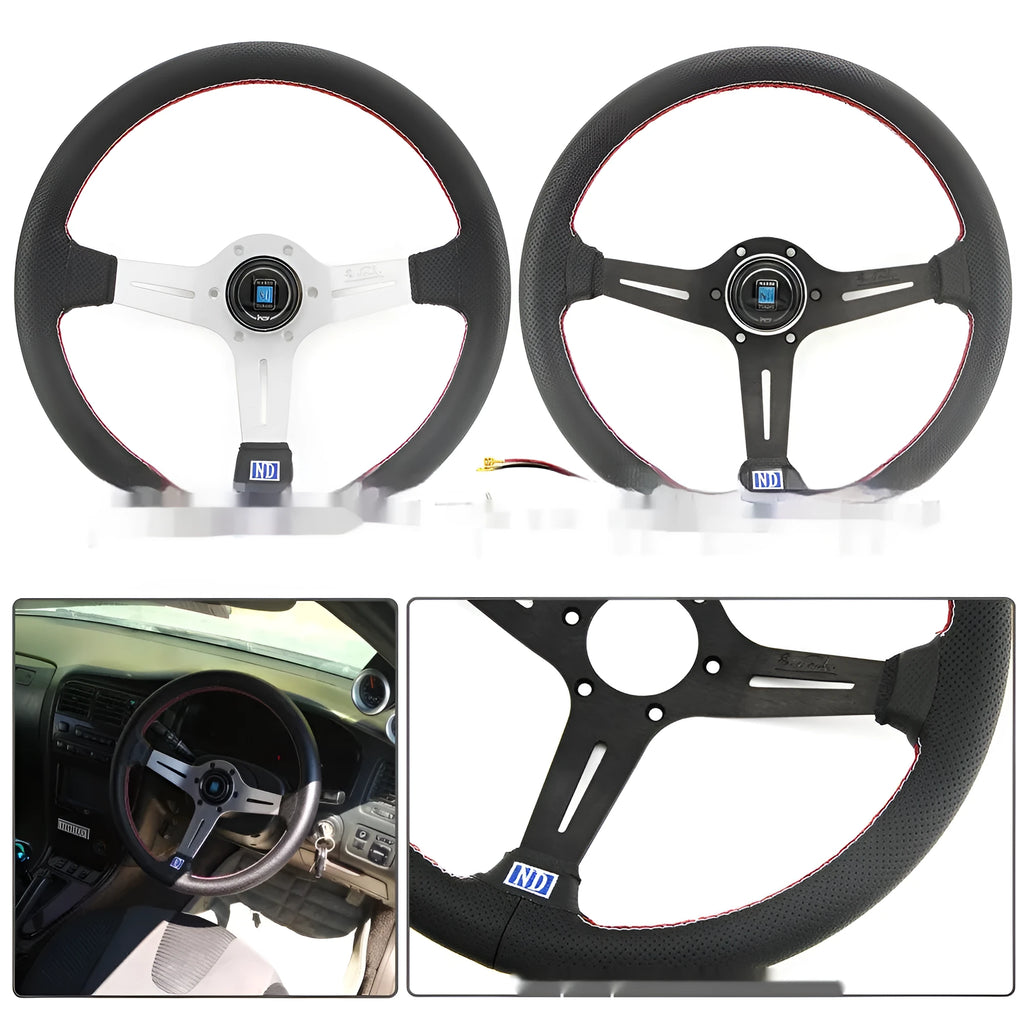 14-inch leather steering wheel with middle concave design in silver black finish