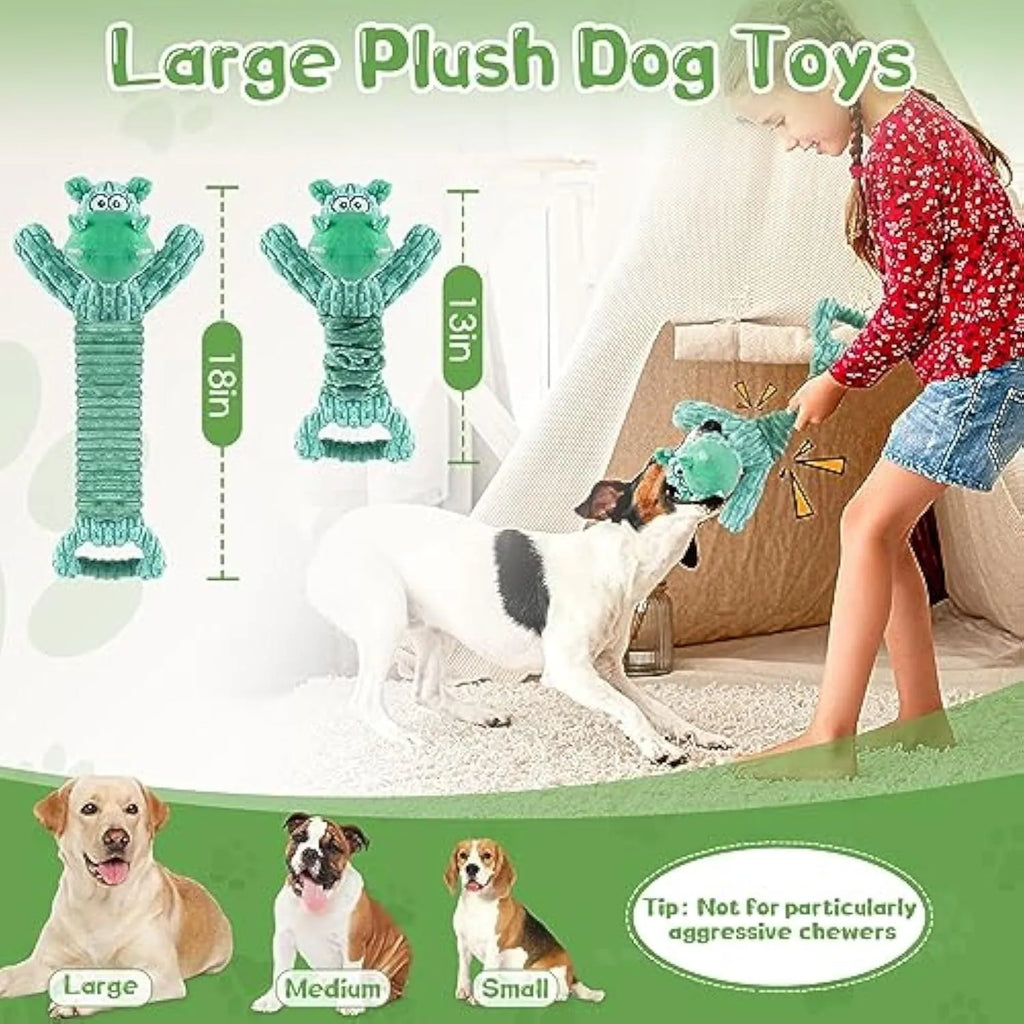 Large soft plush dog toy shaped like a hippo or monkey with a telescopic handle at the base