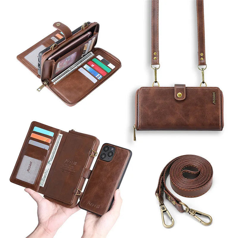 Wallet phone case with detachable backpack for Samsung Galaxy Note and iPhone in black, blue, brown or red