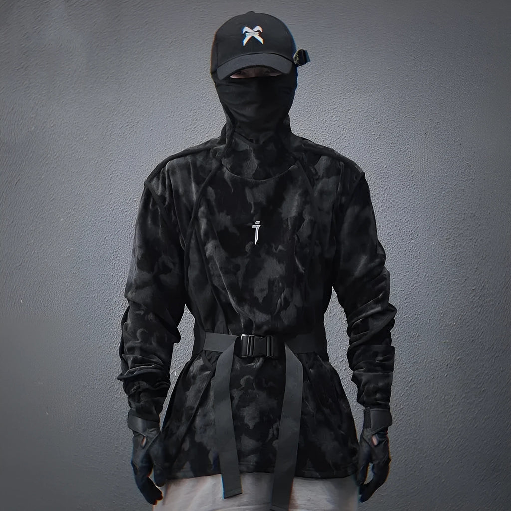 Men's black and grey tie-dye print turtleneck sweater with drop shoulders