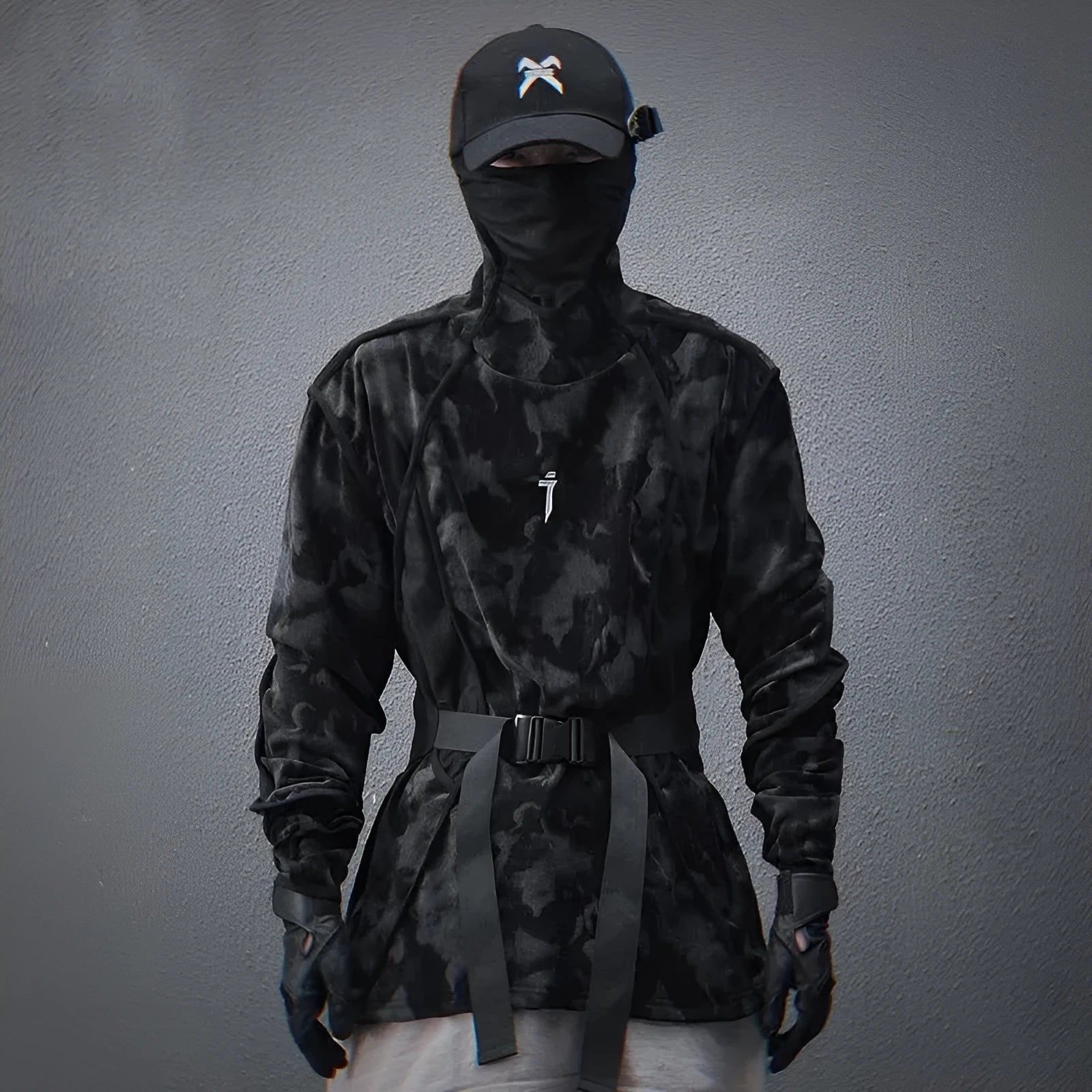 Men's black and grey tie-dye print turtleneck sweater with drop shoulders