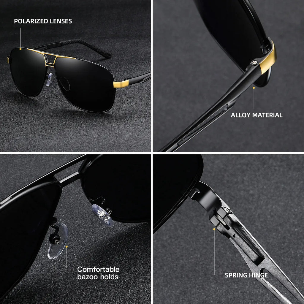 Men's polarised aviator sunglasses with orange red metal frame and dark lenses.