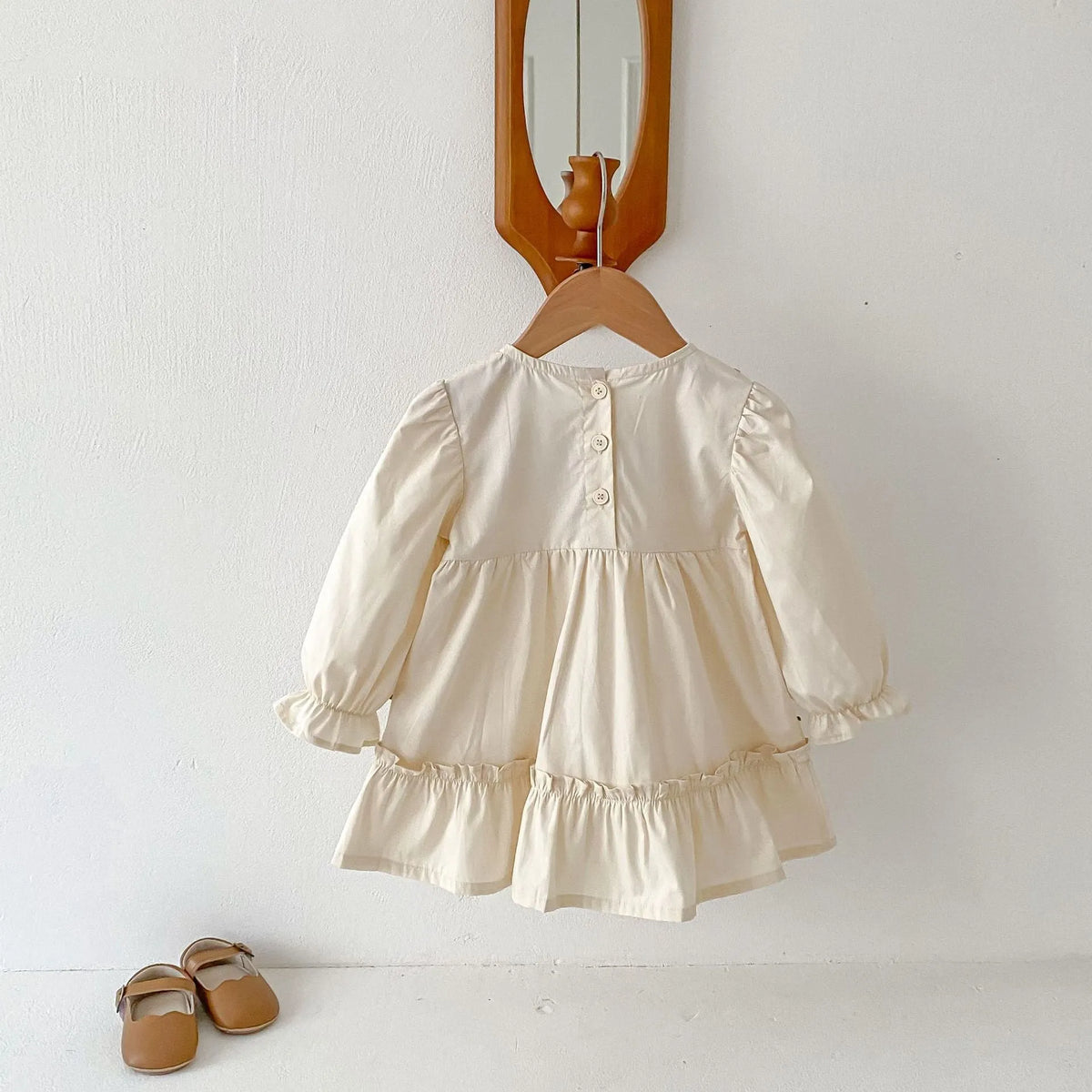 Girls' apricot long sleeve dress with flower embroidery and ruffled details, cotton fabric, princess skirt style