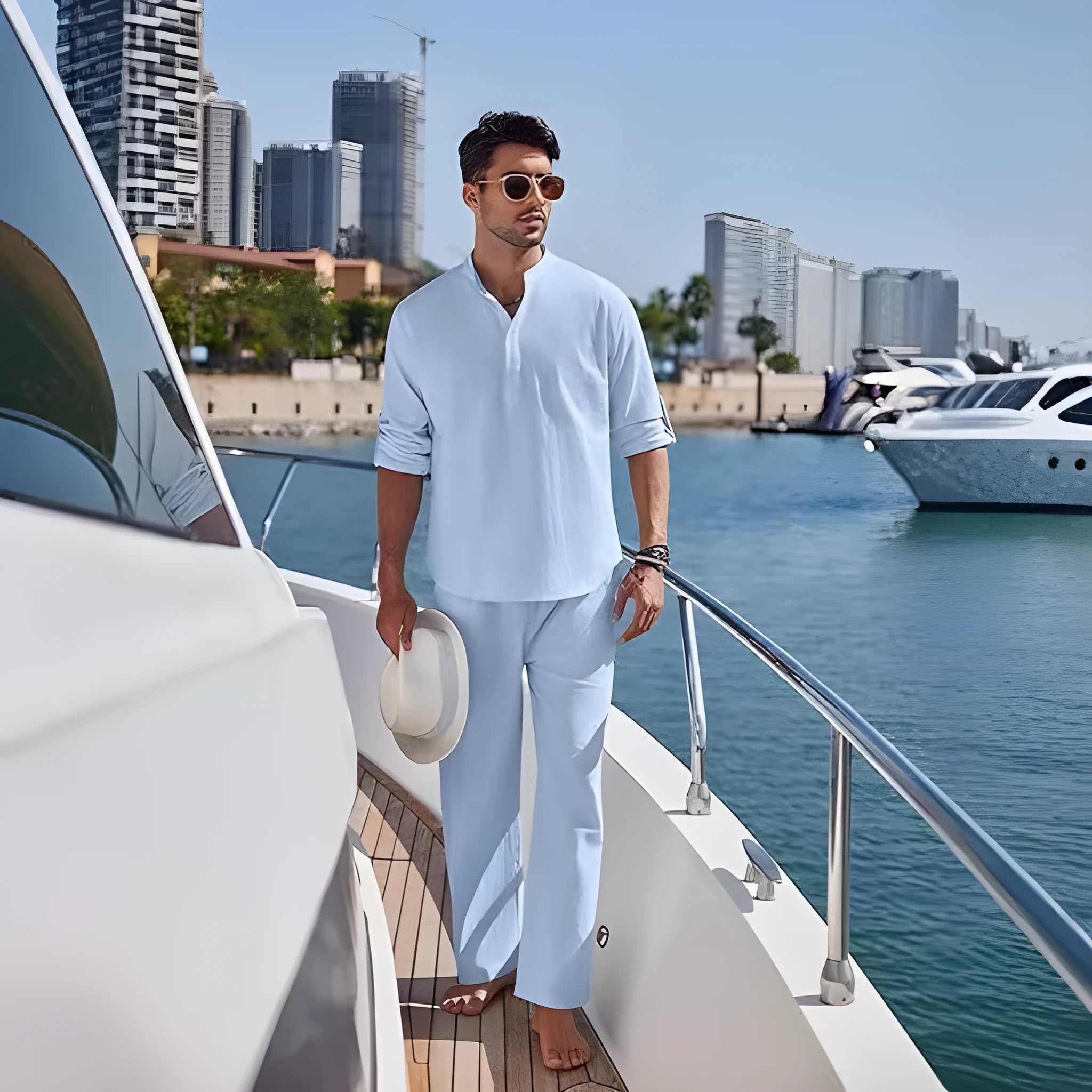 Men's solid colour cotton casual suit with long sleeves and trousers on a hanger