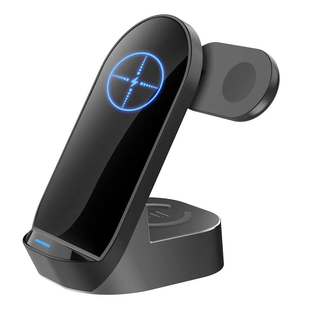 Dark grey foldable 3-in-1 wireless charging stand with phone, watch and earbuds charging simultaneously
