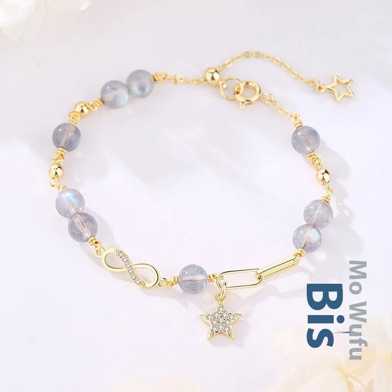 Natural gray moonstone Mobius crystal bracelet with Chinese style constellation design for women
