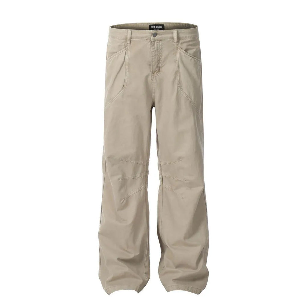 Men's loose straight wide leg jeans in brown and light khaki with high waist and zipper fly