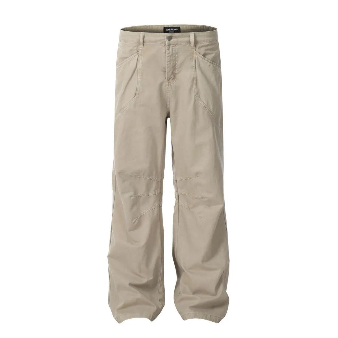 Men's loose straight wide leg jeans in brown and light khaki with high waist and zipper fly