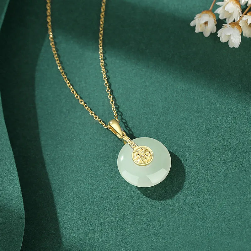 Hetian jade Nafu peace button necklace with 925 sterling silver O-chain and 18K gold plated collarbone chain