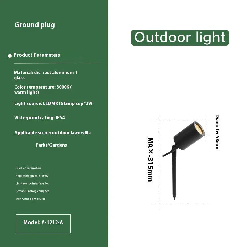 Outdoor aluminium ground lamp with A-style design for garden and pathway LED lighting.
