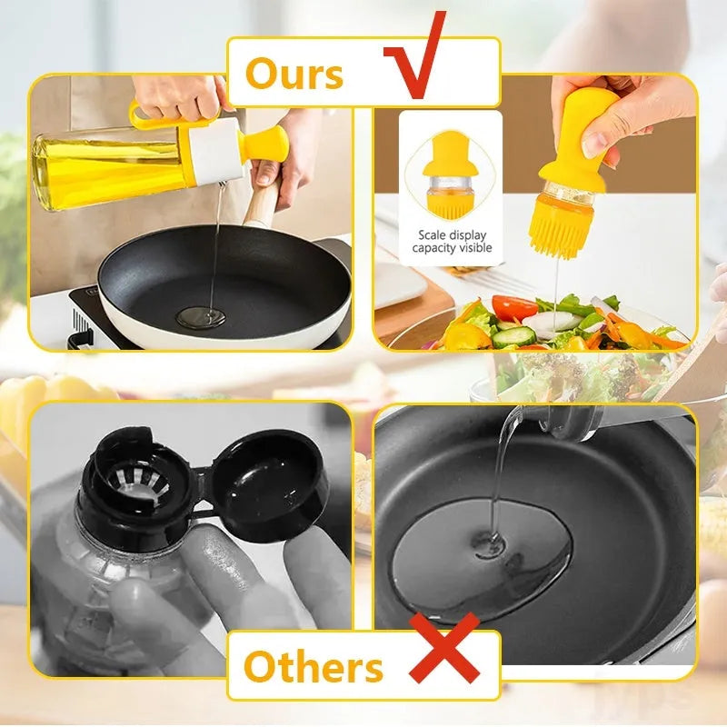 2 in 1 oil dispenser with silicone brush, 550ml soda glass bottle, 304 stainless steel nozzle, yellow green brown