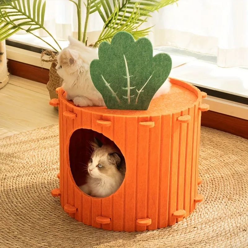 Carrot-shaped grey felt cat nest tunnel with a round entry hole, shown in medium and large sizes.