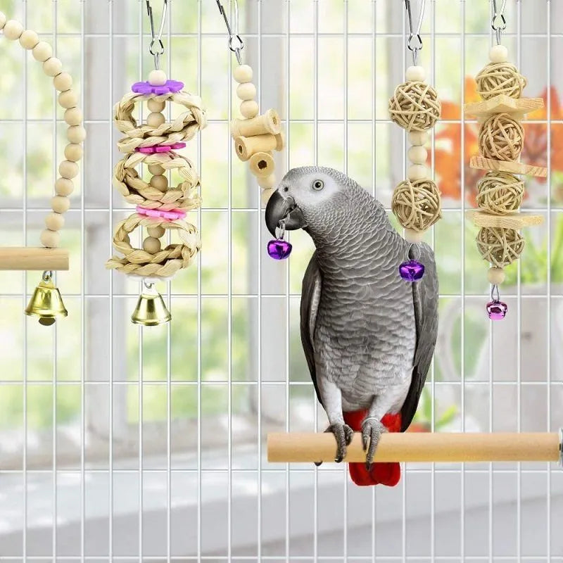 8-piece wooden parrot bite toy set with log, swing, ring, bell and string elements for small and medium birds