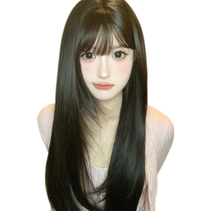 Dark brown long straight synthetic wig with bangs on wig head