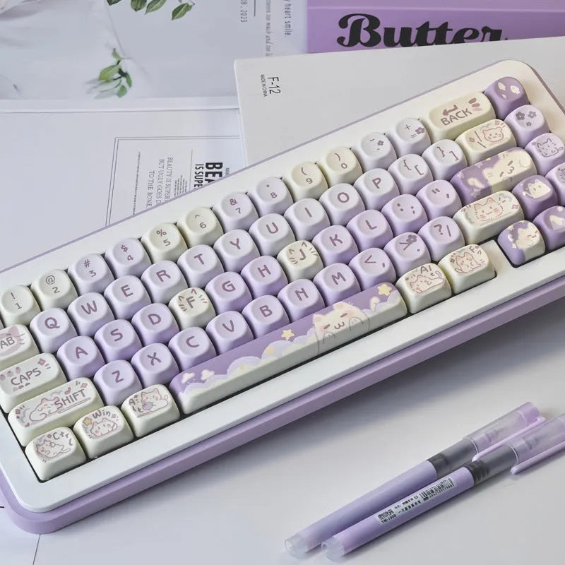 Set of three PBT key caps with sublimation printed character designs in Taro Kitten Moa, Light Green Panda Moa, and Kitty Moa colours