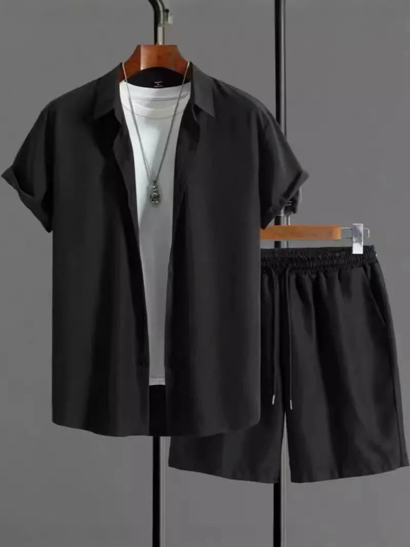 Jacquard fabric short sleeve suit set with matching shorts in a solid colour.