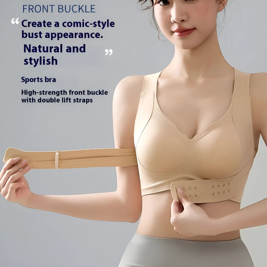Women's black sports bra with front buckle closure and back shaping design for yoga and exercise.