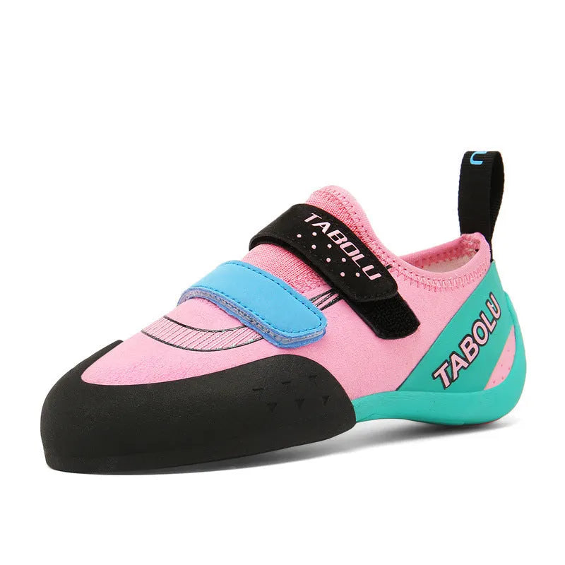 Men's and women's black beginner rock climbing shoes with coloured accents and Velcro strap