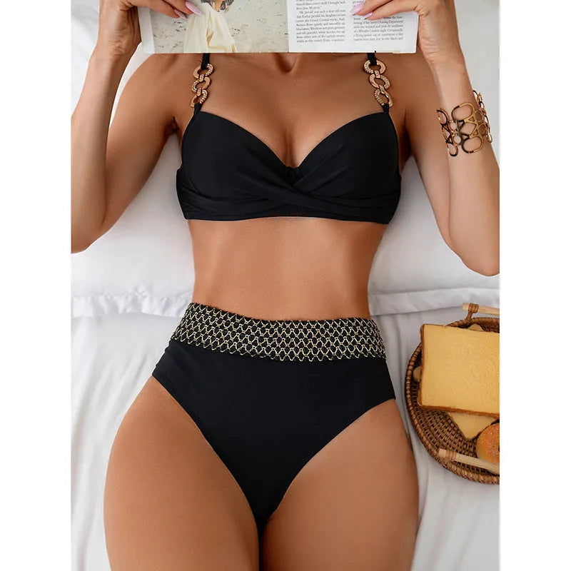 Black polyester bikini swimsuit with split briefs in European and American sizing