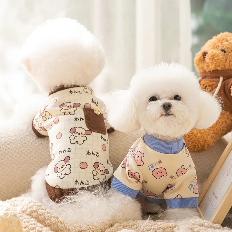 Pet clothing with warm pockets, soft velvet, blue colour, on a small dog or cat, bear home wear style