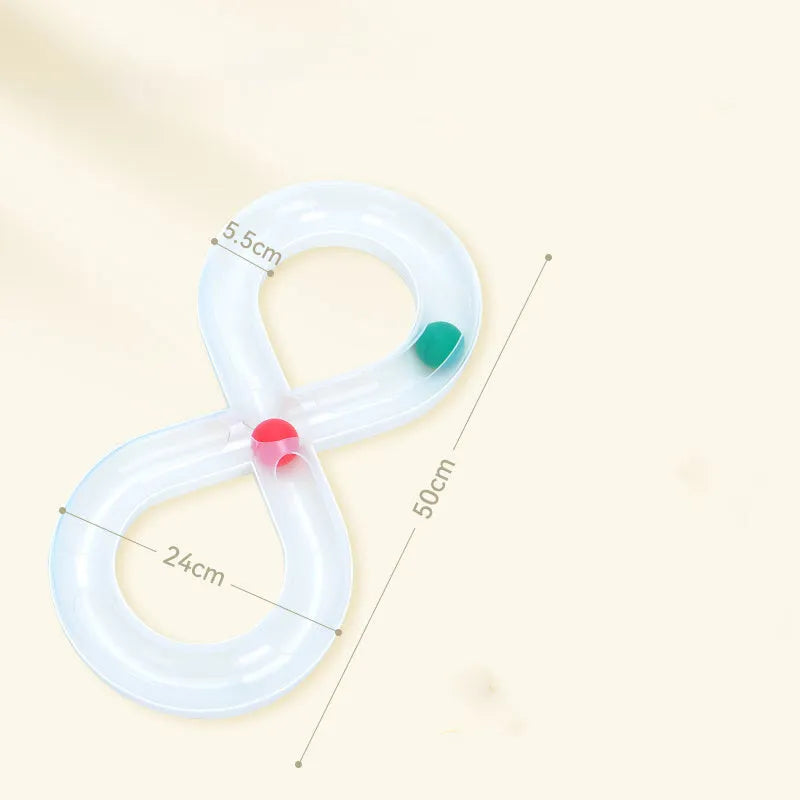 Blue and white cat track toy with turntable ball mechanism and teasing stick attachment