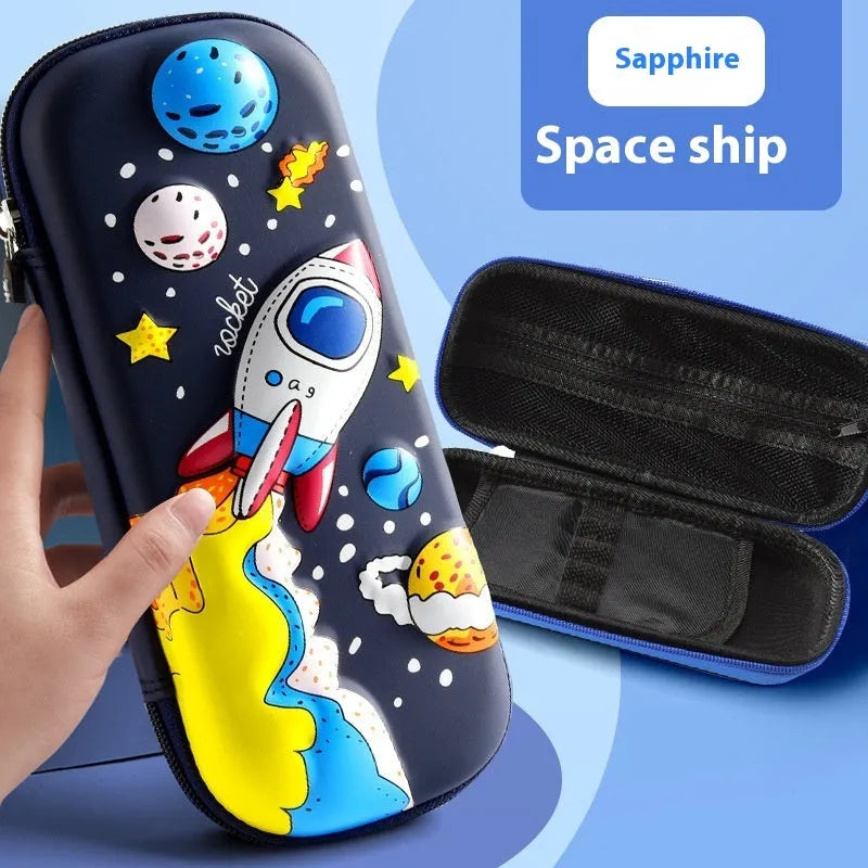 3D leather pencil case with zipper closure showing character design options including astronauts, unicorns, and mermaids