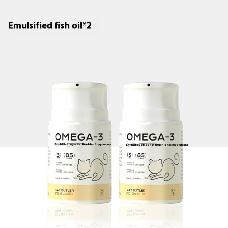 Cat Butler Pet Fish Oil nutritional supplement bottle with omega-3s and krill oil for cats