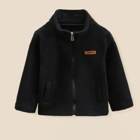 Children's split liner hooded jacket in red with full zipper and long sleeves on a white background