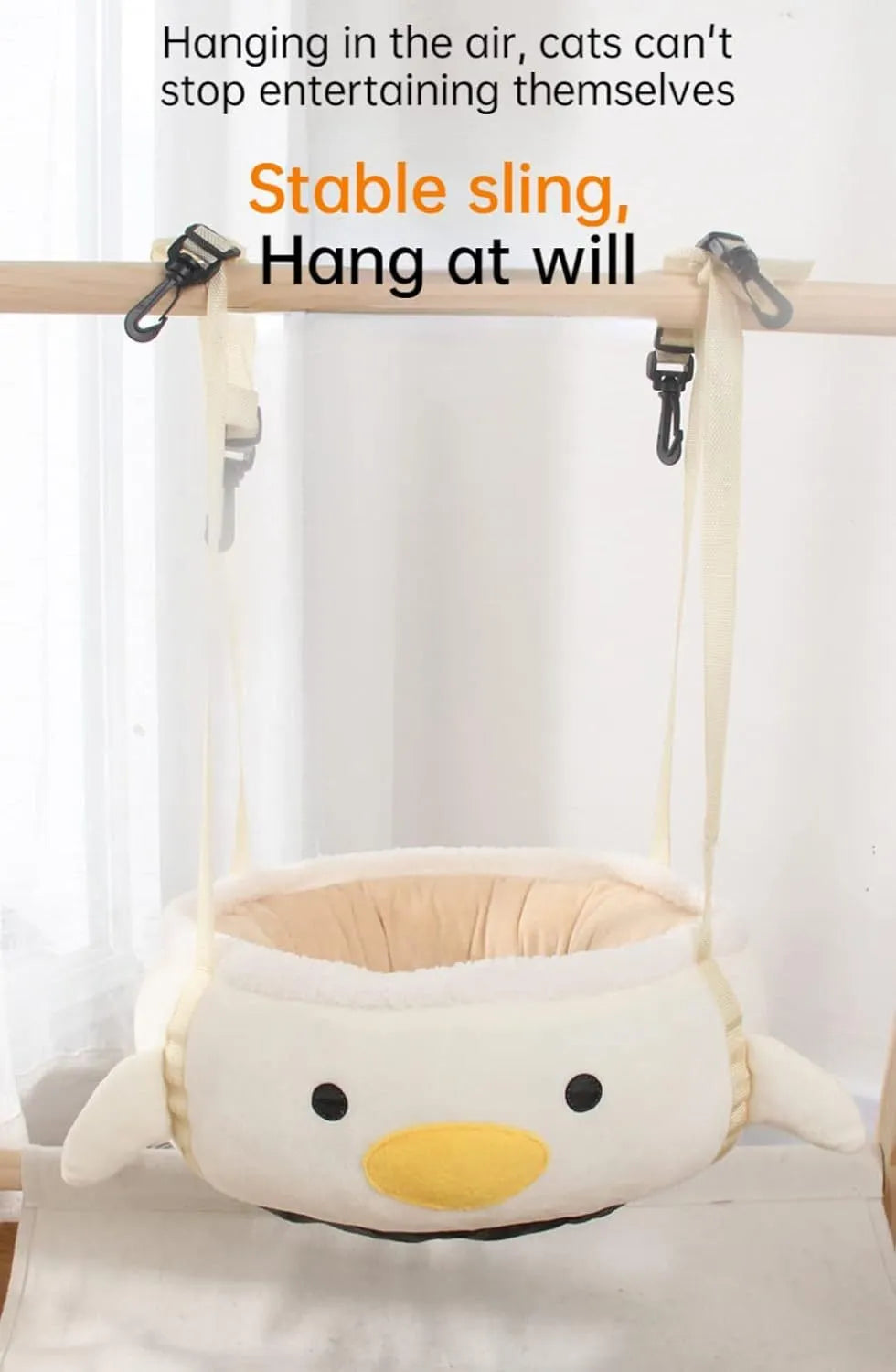 Green chick-shaped cat bed shown both laid flat and hanging as a hammock for small pets.