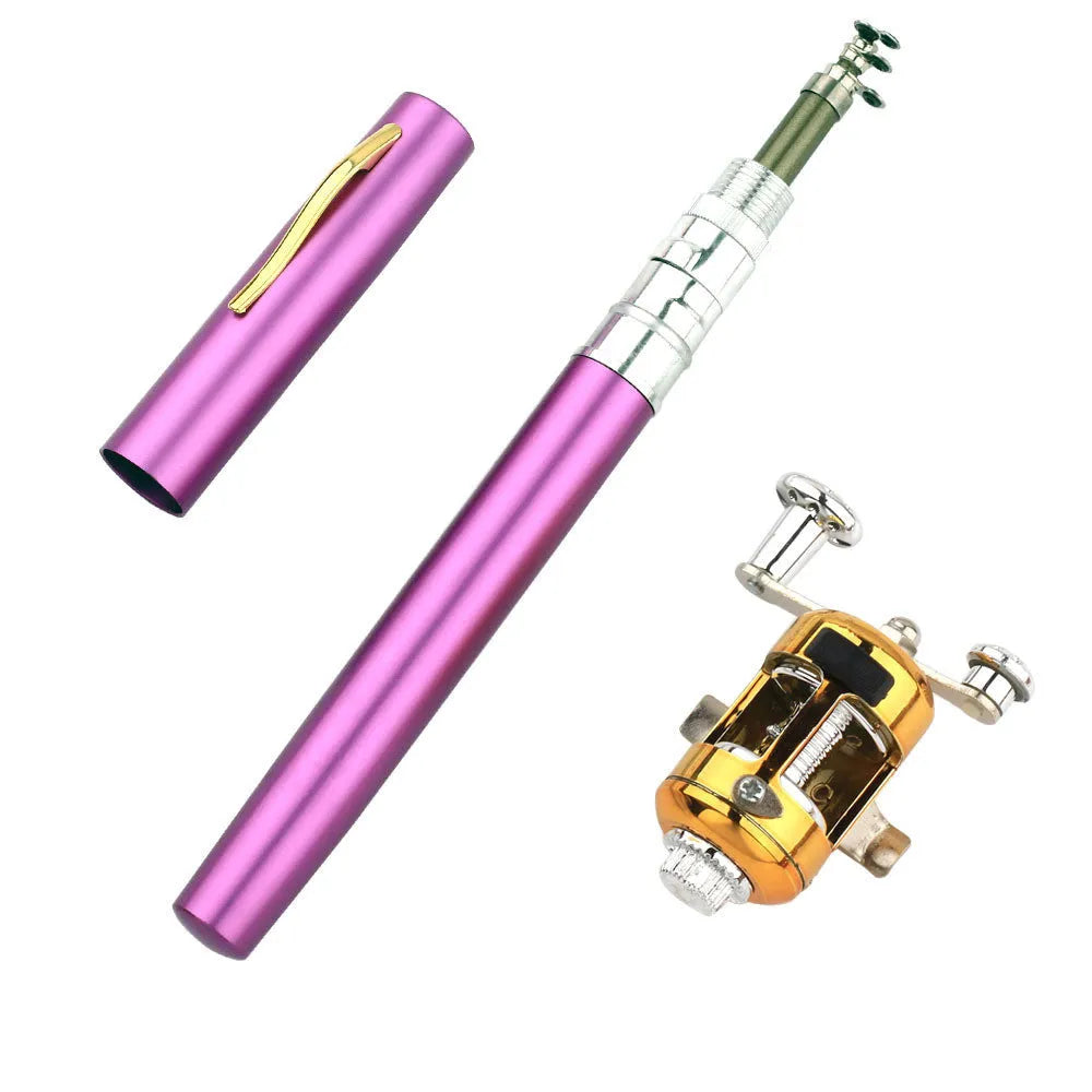 Portable pen fishing rod kit showing telescopic rod extended to 1m and collapsed in aluminium case with fishing wheel