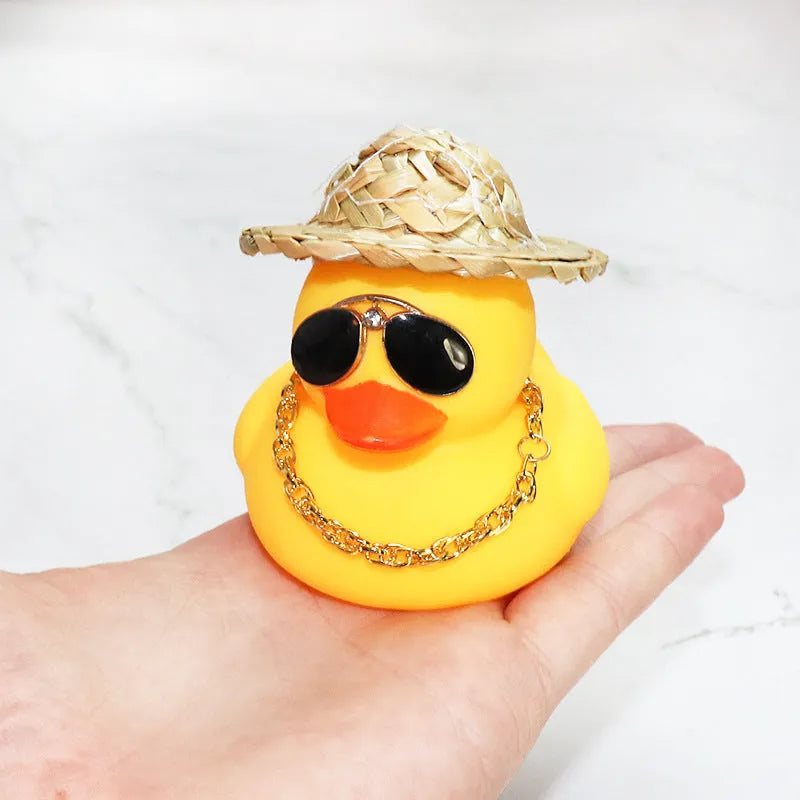 Straw hat yellow duck car dashboard ornament with removable sunglasses accessory