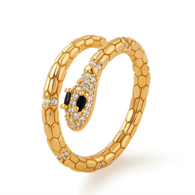 Snake-shaped adjustable index finger ring with gold plating and open mouth design