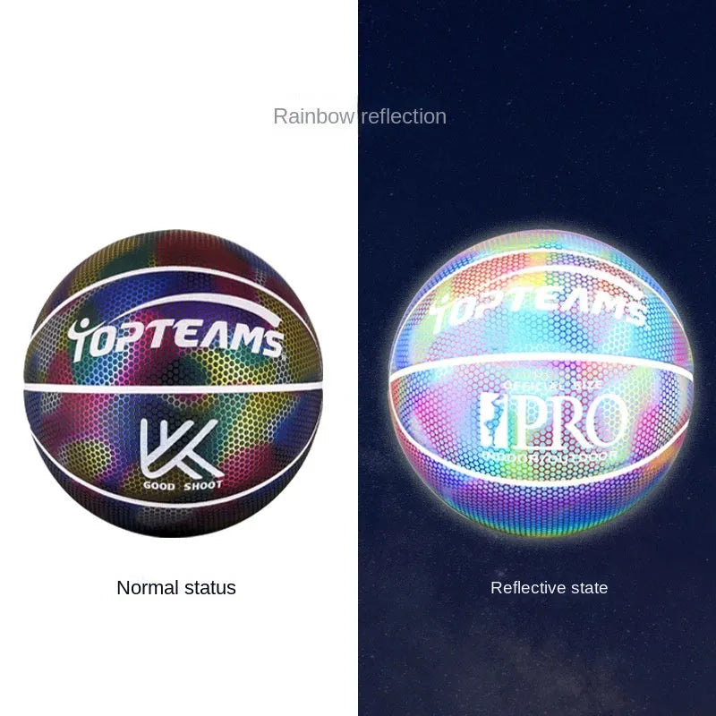 No. 7 size basketball with a holographic, luminous, and reflective patterned surface.