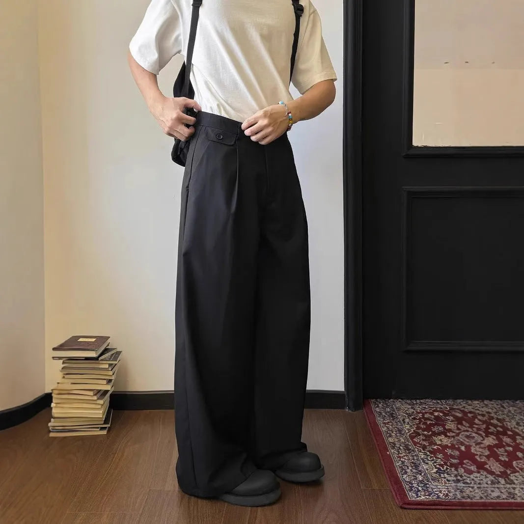 Men's straight-leg loose wide-leg casual suit trousers in black or brown colour.
